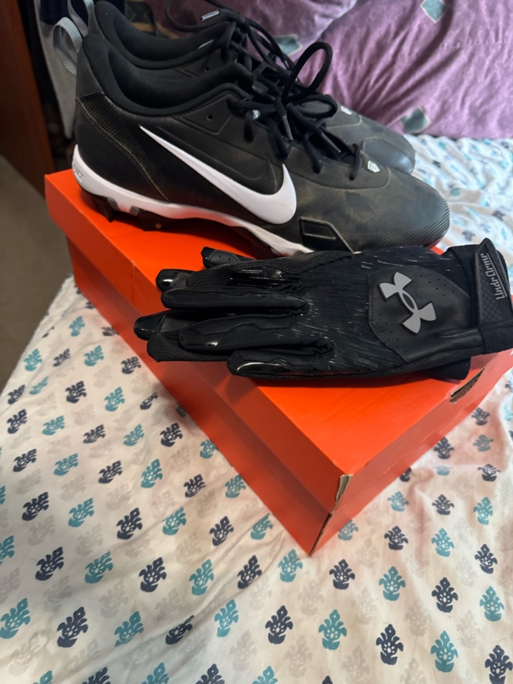 Nike Black Baseball Cleats with Under Armour Batting Glove